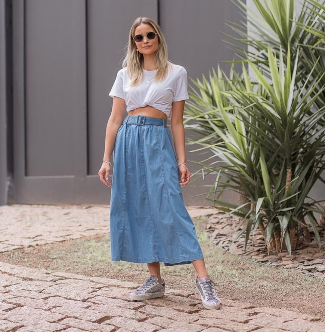 Saia Rodadinha Midi Jeans